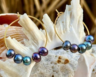 Gold Vermeil Hoop and Genuine Blue Peacock Pearl Earrings, Bohemian Southern Beachy Jewelry, Lightweight Earrings, Gift for Her, Coastal