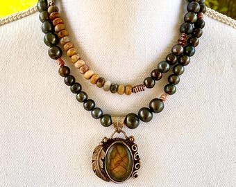 Tibetan Silver, Feather Accent Black Pearl & Picture Jasper Necklace with Labradorite Pendant, Bohemian, Native American Inspired Necklace