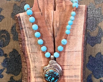 Genuine Turquoise and Tibetan Silver Pendent Necklace, Hand knotted leather and turquoise bead, Southern, Western, Bohemian, Boho