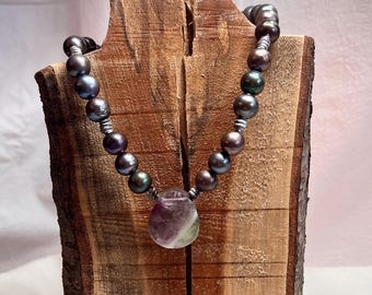 Beachy, Gray Peacock Pearl, hand knotted leather and Tear drop Fluorite Pendent statement necklace. Bohemian, southern, gift for her