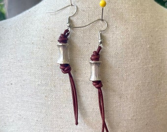 Silver Accent and Cordovan Leather Earring, Knotted Bohemian Leather Earring, Southern, gift for her