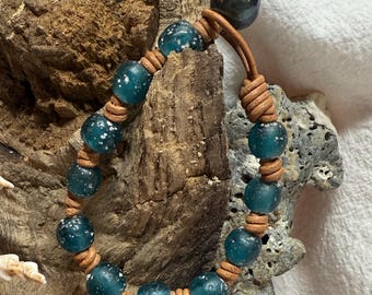 Deep Blue speckled sea glass & blue peacock pearl, hand knotted leather Bracelet Jewelry, Gift for Her, Bohemian, Florida, Southern, Country