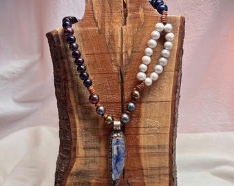 Raw Blue Kyanite Tibetan Silver Pendent Statement Necklace, Pearl and Hand Knotted Leather, Bohemian, Southern, Western, One of a kind.