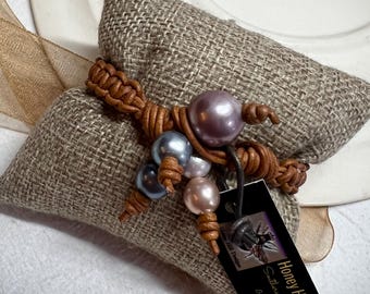 Pearl and Leather Macrame' Weaved Bracelet Hand knotted Leather Boho, Bohemian, Southern, Beachy Bracelet, Gift for her