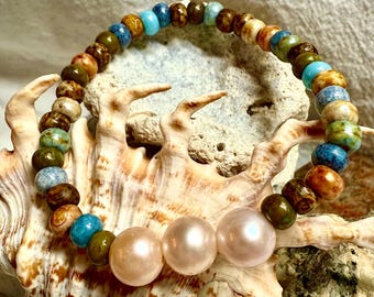 Multi colored Czech glass and Pearl hand knotted Leather Bohemian Southern stretch Bracelet Jewelry, Gift for her, country, rustic, beachy