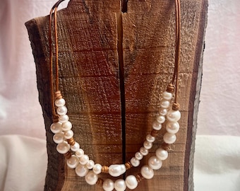 Genuine White freshwater Pearl & Leather Handmade Hand knotted Necklace. Southern Bohemian Beachy Country Jewelry, Gift for Her, Old Money