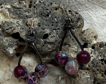 Sea Sediment Imperial Purple & Blue Jasper and Hand knotted Leather Hoop Earrings, Bohemian, Southern, Cowgirl, Country, Hand made Jewelry