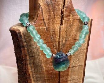 Beachy, Green African sea glass, hand knotted leather and Tear drop Fluorite Pendent statement necklace. Bohemian, southern, gift for her