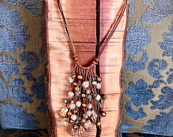 Bohemian Brown Shell pearl, Peruvian turquoise, Jasper, Florida shell leather bib Statement Necklace, Hand knotted, Beachy, Southern