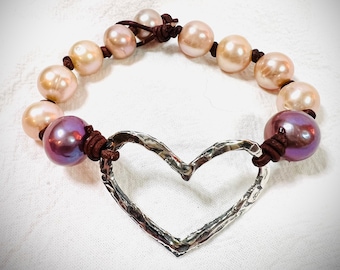 Sterling Silver Heart Mauve Peach Pearl Bracelet, Pearl & Leather Bracelet, Bohemian Beachy Knotted Love pearl Bracelet, Jewelry, Valentines