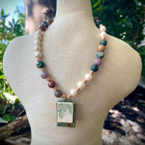 One-of-a-kind Handmade Ceramic Charm White Pearl Necklace, knotted leather jewelry, Southern Pearl Necklace, Boho, Indian Agate, Sundance