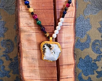 Boho, Genuine Freshwater Pearl, Semi Precious Tiger's Eye Necklace, Tibetan gold brushed silver Rainbow Moonstone pendent, Black vegan suede