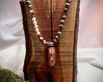 Orange Tibetan Silver Spiny Oyster Pendent Statement Necklace, Rainbow Jasper, White Genuine Freshwater Potato Pearl, Bohemian, Southern