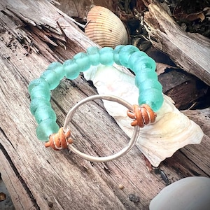 Boho African Recycled Sea Glass and Leather Stretch Bracelet, Knotted Leather Bracelet, Knotted Leather Jewelry, Southern Bohemian Beachy