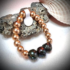 Baroque Peacock Pearls & Gold Hematite Stretch Bracelet, Handmade Leather  Pearl Bracelet, Jewelry, Boho Jewelry, Southern Bohemian