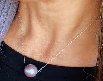 Single Mauve Pearl Ghost Necklace, Minimalist, Chain and Pearl Necklace, Jewelry, Fashion, High-end, Genuine Pearl, Bohemian, Floating Pearl