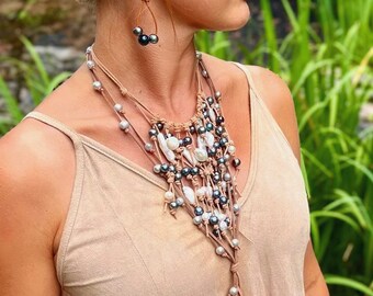 Knotted High End Biwa and Potato Freshwater Pearl & Leather Bohemian Beachy Necklace, Knotted Southern Pearl Necklace, Gypsy, Boho, Western