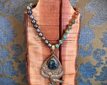 Agagte Tibetan Silver Phoenix Falcon Statement Pendent Genuine Pearl, wood, Peruvian Turquoise Necklace.  Bohemian, Southern, Western, Gift