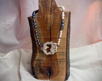 Beachy Druzy Quartz and Blue Peacock and White Pearl Leather Necklace Jewelry. Bohemian, Southern, Statement Necklace. Gift for Her.