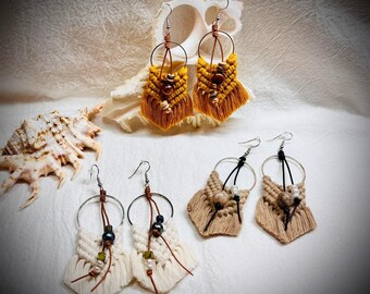 Macramé Fringe Hoop Earrings, Freshwater Pearl & Jasper Stone,  Cream, Maze and Beige options. Lightweight Statement Earrings, Gift for Her