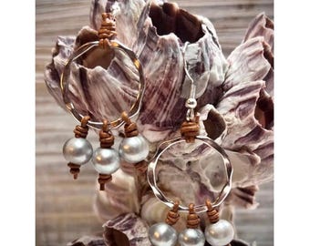 Freshwater Pearl Hoop Earrings with Hand-knotted – Silver Hammered Circle Dangles, Boho Coastal Earrings, Lightweight Gift for Her