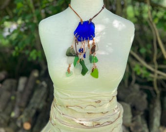 Natural Florida Coastal Recycled Sea Glass + Leather Necklace,  Artisan Sea Glass Statement Tassel Necklace, Recycled Sea Glass Necklace.