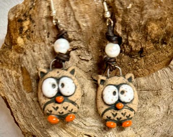 Woodland Owl Dangle Earrings – Freshwater Pearl & Hand-Knotted Brown Leather, Cute Whimsical Fall Bohemian Earrings, Southern, Gift for her