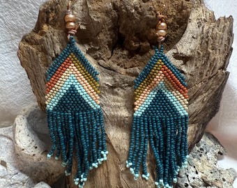 Beaded Fringe Earrings with Peach Pearl and Leather Accent | Teal Boho Southern Country Tribal Earrings | Honey Hill Designs