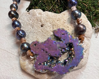 Iridescent Purple Druzy Geode Necklace, Blue Peacock Pearl Beaded Necklace, Hand knotted leather Statement necklace. Southern Boho