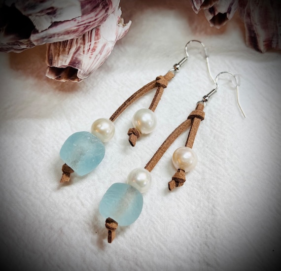 Sea Glass, Pearl and Leather Earring, Knotted Leather Earring