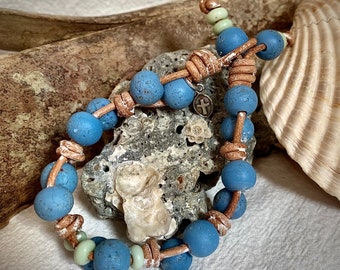 Blue textured Java Glass and Leather Bracelet on Hand knotted Leather. Hand made, Bohemian, Beachy, Southern, Gift for Her