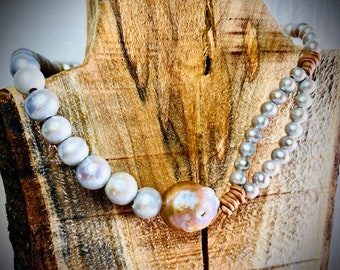 Giant Rare Gold Kasumi 18mm Single Pearl with Gray graduated Pearls on Knotted Leather Necklace Jewelry, Pearl Choker, Hand Knotted Bohemian