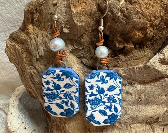 Blue & White Chinoiserie Tile Earrings, Light Blue Pearl Dangles, Hand Knotted Leather, Victorian, bohemian, Southern, Statement Earring