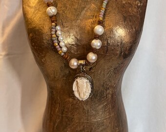 Tibetan Brushed Silver Carved Elephant Pendant and Pearl Leather Necklace, Knotted Leather Necklace, Bohemian Jewelry, Pearls