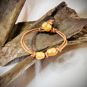 Lemon Freshwater Pearls and Light Tan Leather knotted Boho Beautiful Chic Bracelet