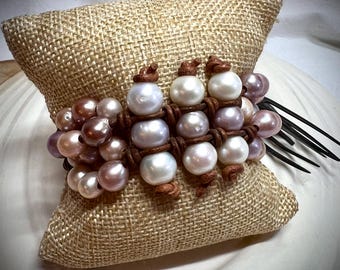 Faux Cuff Style Southern Bohemian Pink and White Potato Genuine Freshwater Pearl Bracelet. Hand Knotted Leather. Beachy Gift for Her
