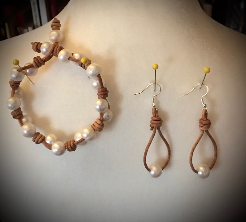 SET, Pearl, Sea Glass Leather Bracelet Earrings, Knotted Leather SET, Pearl, Sea Glass Leather Bracelet Earrings, Knotted Leather