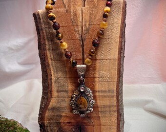 Brown Genuine Tiger's Eye and Pietersite Stone Tibetan silver statement pendent Necklace, Hand knotted rusty brown vegan suede. Western