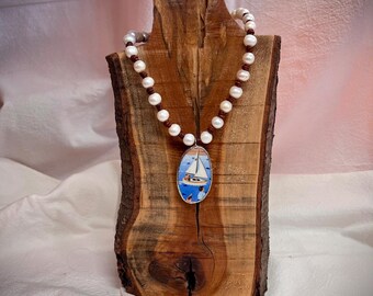 Recycled Sail Boat China Pendent on Creamy White Genuine Freshwater Potato Pearl hand knotted leather Statement Necklace, Beach, Southern