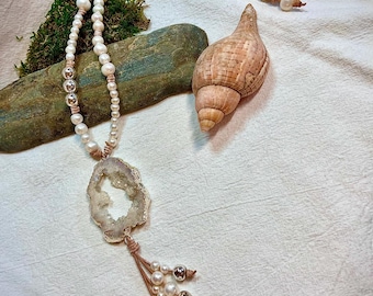 White Pearl and Leather Necklace Quartz Druzy Geode pendent & Tassel, Hand Knotted, White Turquoise Jewelry, Leather and Pearl Necklace