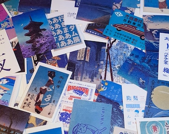 50 Blue Japanese vintage aesthetic Washi paper stickers for Scrapbooking, art, & crafts.