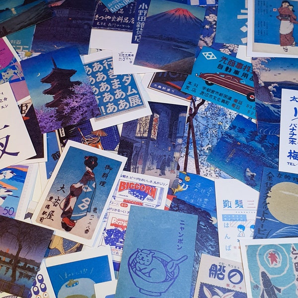 50 Blue Japanese vintage aesthetic Washi paper stickers for Scrapbooking, art, & crafts.