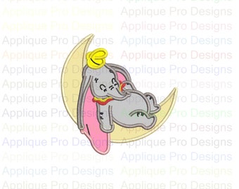 Dumbo Sleeping On A Crescent Moon Applique Design 3 Sizes - 10 Formats - Instant Download