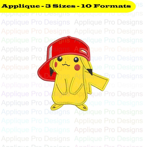 Pikachu Pokemon And Hat Applique Design 3 Sizes - 10 Formats - Instant Download