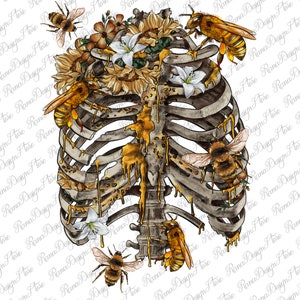 Flower Rib Cage Bees Png Sublimation Design, Hand Drawn Rib Cage Png, Human Rib Cage Png, Flower Rib Cage Bees Png, Digital Download