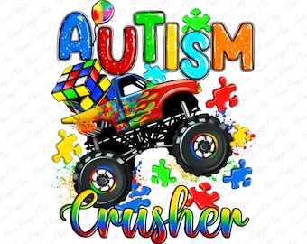 Autism crusher png sublimation design download, Autism Awareness png, monster truck png, Autism png, sublimate designs download