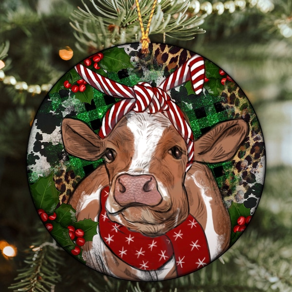 Brown Cow Christmas Ornament Png, Western Christmas Ornament Png, Round Christmas Ornament, Christmas Ornament Sublimation Design Download