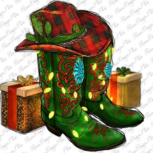 Western Christmas Boots And Cowboy Hat Png Sublimation Design, Christmas Boots Png, Western Boots Png, Boots Png, Instant Download