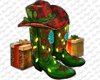 Western Christmas Boots And Cowboy Hat Png Sublimation Design, Christmas Boots Png, Western Boots Png, Boots Png, Instant Download