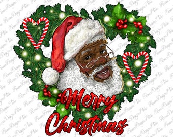 Merry Christmas African American Santa With Wreath Png, African American Santa Png, Western Santa Claus Png, African Santa Claus Sublimation